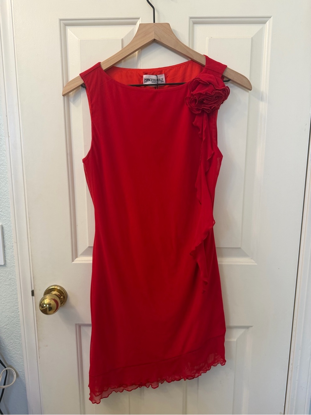 Princess Polly Red Sleeveless Mini Dress with Rosette Detail